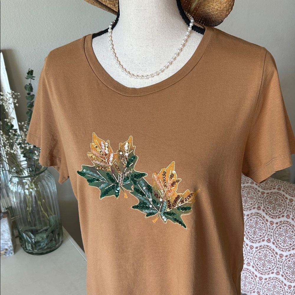 J. crew fall sequin leaf collectors Tee cotton tan, brown, green tee shirt L - Picture 3 of 11